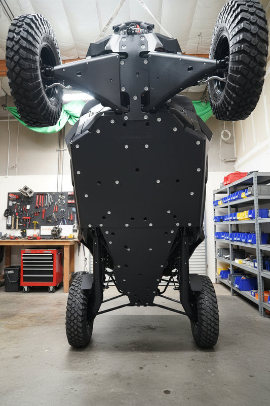 Factory UTV Ultimate UHMW Skid Plate Package installed on a Can-Am Maverick R showing complete undercarriage protection.