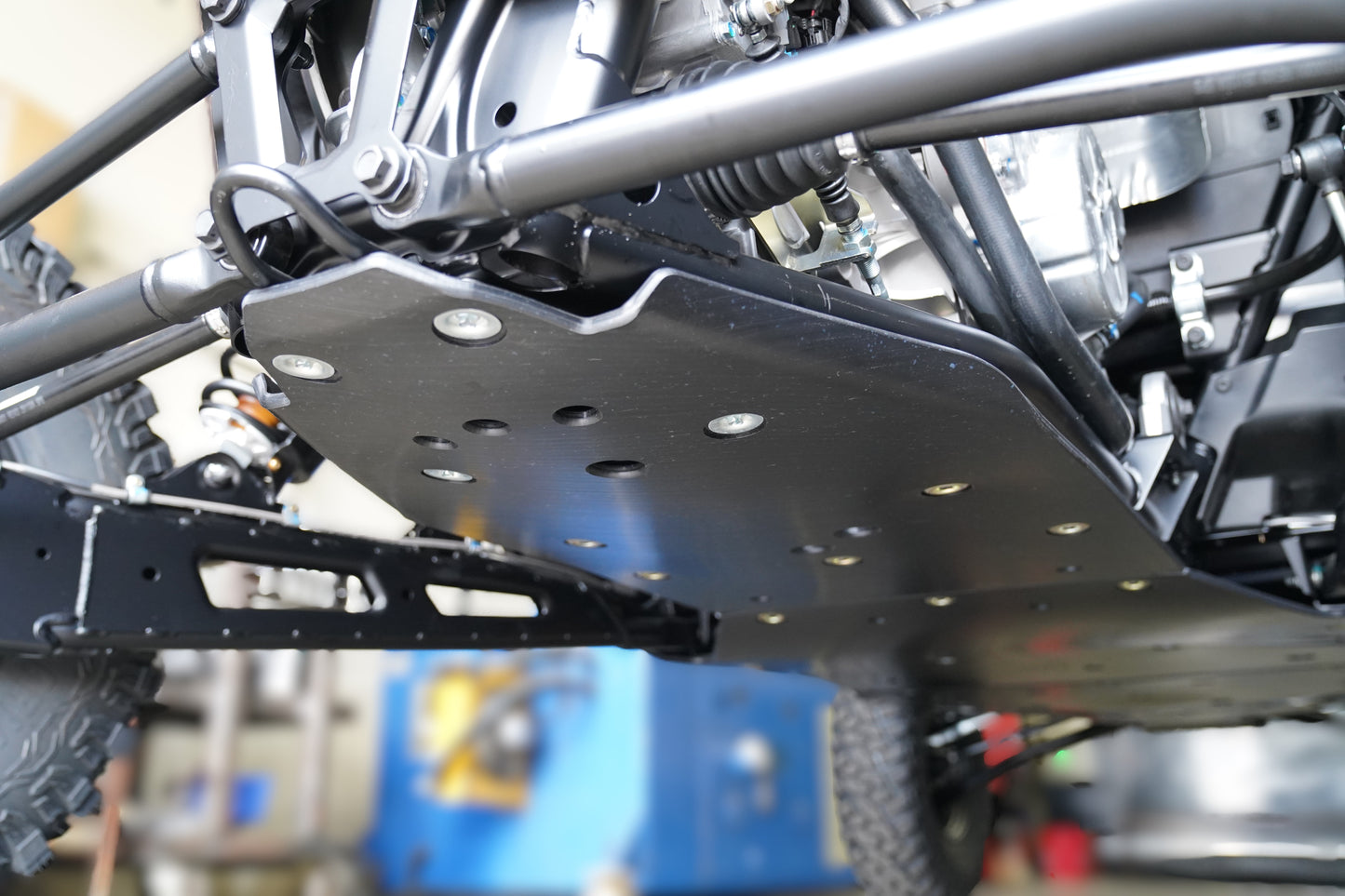 Factory UTV skid plate installed on Polaris RZR XP S 4 1000