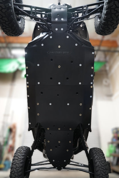 Undercarriage view of Polaris RZR XP S 4 1000 with Factory UTV UHMW skid plate installed