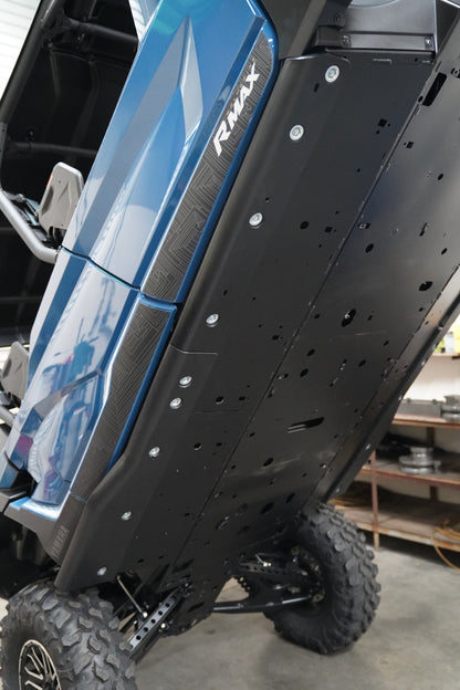 Yamaha Wolverine RMAX4 with Factory UTV UHMW rock sliders installed for side and rocker panel protection.