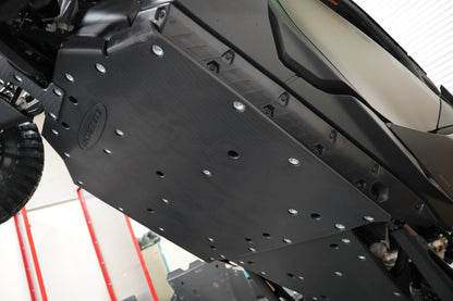 Close-up of 3/8-inch UHMW skid plate protecting underside and fuel tank