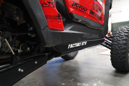 Rear angle view of UHMW rock sliders on Polaris RZR XP S 1000